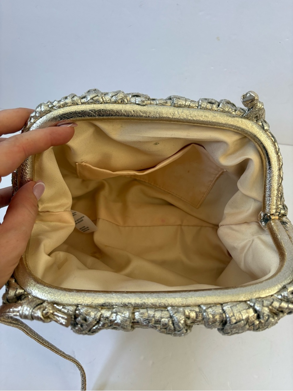 Anthropologie Frankie Clutch Bag Gold Preppy Party Guest Woven Slouchy Dumpling - Picture 6 of 11